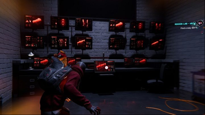 Jump on the upper railing to get to the office rooms - Spider-Man Miles Morales: Roxxon Laboratories - all locations, list - Laboratories and Hideouts - Spider-Man Miles Morales Guide