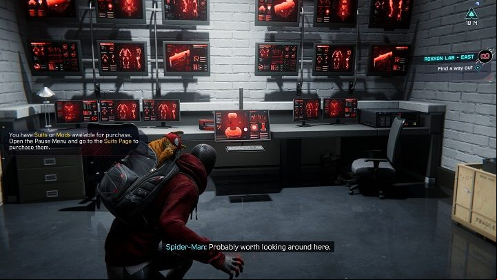 While heading for the exit, on the left you will find a computer with Simon Krieger's recording - Spider-Man Miles Morales: Roxxon Laboratories - all locations, list - Laboratories and Hideouts - Spider-Man Miles Morales Guide