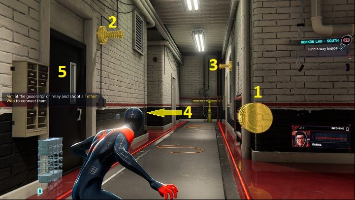 Turn on the generator (1) by pressing L1 square and connect it with the grid launcher to the bar on the wall (2), then make another connection between the bar (2) and the bar (3) and the bar (4) at the bottom of the stairs - Spider-Man Miles Morales: Roxxon Laboratories - all locations, list - Laboratories and Hideouts - Spider-Man Miles Morales Guide