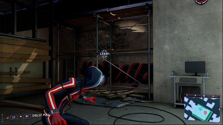 The door cannot be smashed with a venom blast, so get rid of the metal structure next to it (L1 R1) - Spider-Man Miles Morales: Underground hideouts - all locations, list - Laboratories and Hideouts - Spider-Man Miles Morales Guide