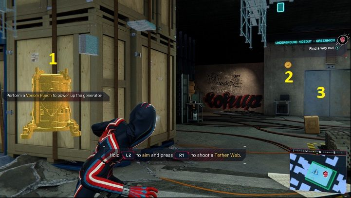 Destroy the hiding place beacon - Spider-Man Miles Morales: Underground hideouts - all locations, list - Laboratories and Hideouts - Spider-Man Miles Morales Guide