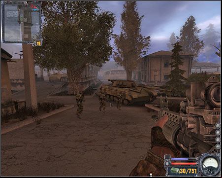 Enemy soldiers are defending themselves inside the large building to your right - Army Warehouses - Quests - part 3 - Walkthrough - S.T.A.L.K.E.R.: Clear Sky - Game Guide and Walkthrough
