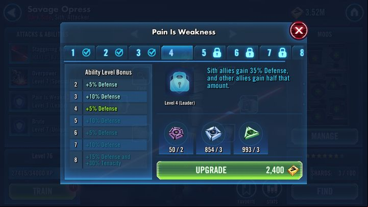Units with more skills have them blocked at the very beginning - Ability level | Character development - Characters development - Star Wars: Galaxy of Heroes Game Guide