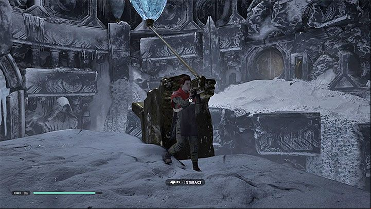 After landing on the new shelf, use Force Pull to grab the line attached to the crystal - Chapter 5 Ilum | Fallen Order Walkthrough - Main Story - Star Wars Jedi Fallen Order Guide