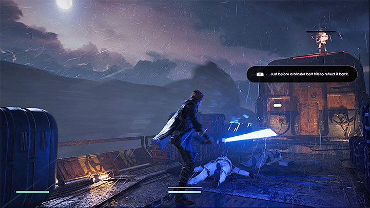 After exiting the railcar, the game will suggest you learn how to block and deflect projectiles with the lightsaber - Prologue | Fallen Order Walkthrough - Main Story - Star Wars Jedi Fallen Order Guide
