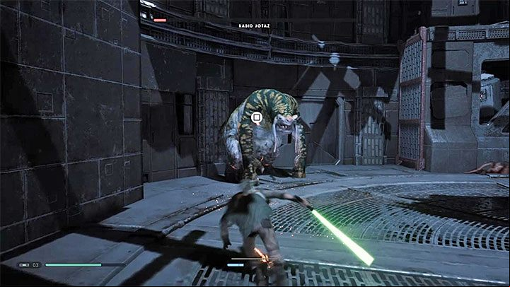 In the final phase of the battle, the attack icon can appear above Rabid Jotazs head - Rabid Jotaz (Zeffo) | Fallen Order Boss - Bosses - Star Wars Jedi Fallen Order Guide