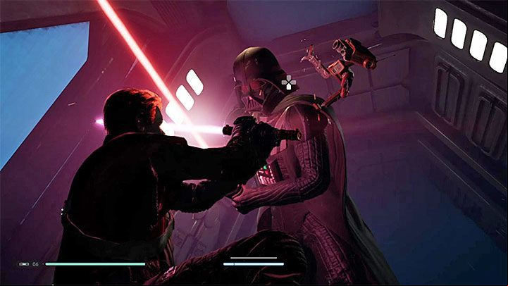 Wait until BD-1 climbs on Vaders back and press the button to ask the droid for help - Chapter 6 Fortress Inquisitorius - game finale | Fallen Order Walkthrough - Main Story - Star Wars Jedi Fallen Order Guide