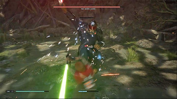 When the Ninth Sister loses the entire stamina bar, start attacking her with the lightsaber - she wont be able to defend herself - Chapter 4 The Ninth Sister and leaving Kashyyyk | Fallen Order Walkthrough - Main Story - Star Wars Jedi Fallen Order Guide