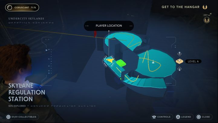 When you reach the meditation point in this district, follow the stairs to the lower room - Jedi Survivor: Skylane Regulation Station on Coruscant - list of secrets - Coruscant - Star Wars Jedi Survivor guide