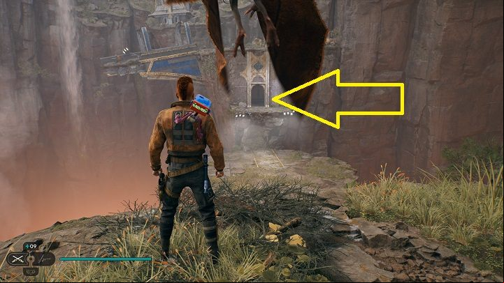 Grab onto a flying creature and fly towards the shelf next to a ageway, visible far away - Jedi Survivor: Devastated Settlement - list of secrets (Part 1) - Koboh - Star Wars Jedi Survivor guide