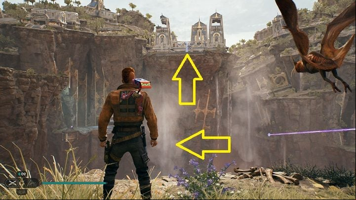 Grab the flying creature and head for the fume on the left, to reach a high shelf with the second meditation point - Jedi Survivor: Devastated Settlement - list of secrets (part 2) - Koboh - Star Wars Jedi Survivor guide