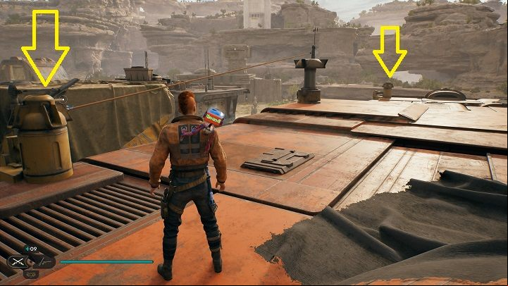 Climb to the roof of the building where you've found the new weapon - use the boxes near the exit - Jedi Survivor: Ramblers Reach Outpost - list of secrets (part 2) - Koboh - Star Wars Jedi Survivor guide