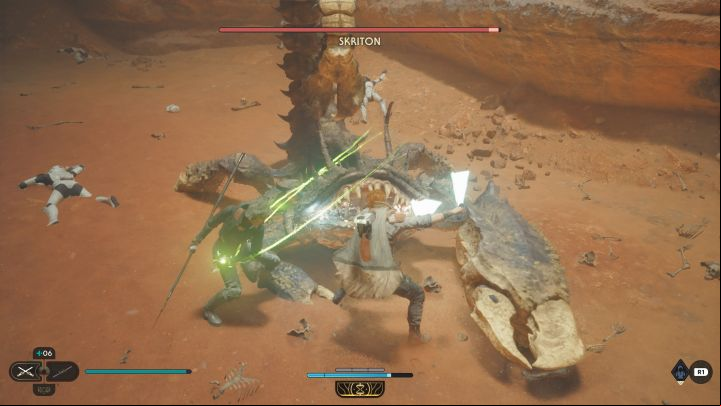 Ask Merrin for help as often as possible - her attack can temporarily immobilize Skriton (green lines) - Jedi Survivor: How to defeat the boss Skriton? - Bosses - Star Wars Jedi Survivor guide