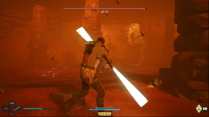 Use a double blade and stop AT-ST fire - Jedi Survivor: How to defeat the boss AT-ST? - Bosses - Star Wars Jedi Survivor guide
