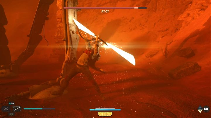 Attack the lower limbs of AT-ST after you approach the enemy machine - Jedi Survivor: How to defeat the boss AT-ST? - Bosses - Star Wars Jedi Survivor guide