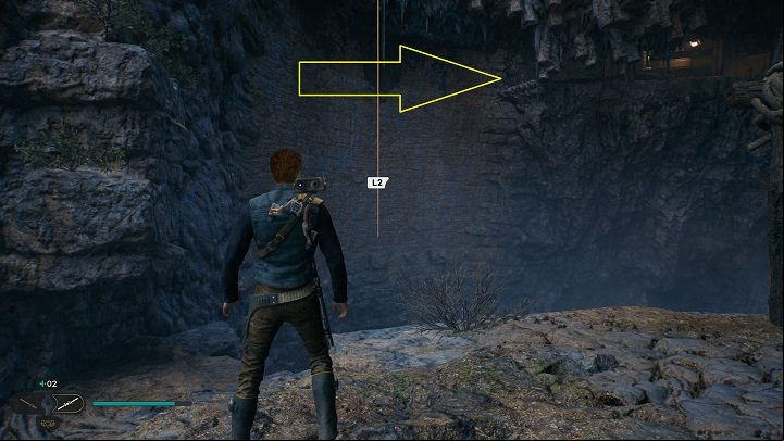 Above the plant from the previous subsection you will find a rope that will enable you to get to the wall - Jedi Survivor: Derelict Dam - list of secrets, part 1 - Koboh - Star Wars Jedi Survivor guide