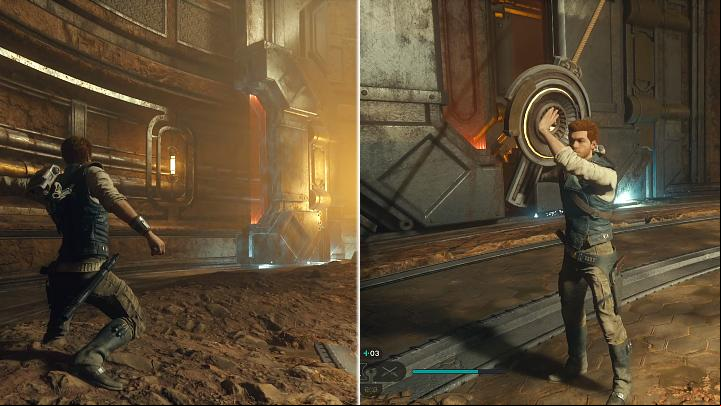 When the right half of the door is at the end of the track, use the force to pull that piece towards you, and at that time grab the rope on the right side with the power to get the blockade out of the way - Star Wars Jedi Survivor: Locate Brother Armias - Walkthorugh - Star Wars Jedi Survivor guide