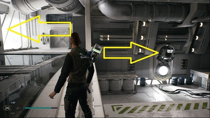 Then go through the age in front of you and jump up - from there, when you turn around, you will be able to see the device distributing balloons - Jedi Survivor: Diagnostics Corridor - list of secrets - Koboh - Star Wars Jedi Survivor guide