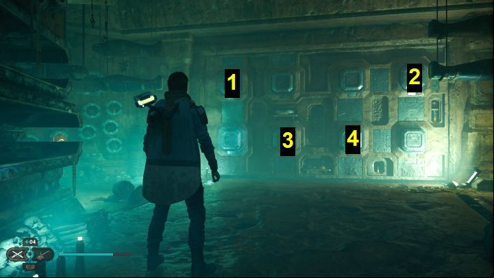Solving the puzzle involves using the Force Pull to slide out selected blocks - Jedi Survivor: Opening Crypt of Uhrma on Jedha - Puzzles - Star Wars Jedi Survivor guide