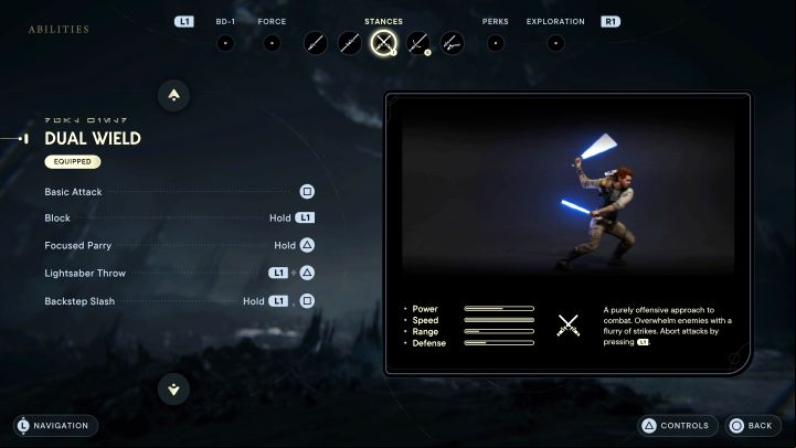 Cal holds a separate lightsaber in each hand - Star Wars Jedi Survivor: Lightsaber combat stances - Basics - Star Wars Jedi Survivor guide