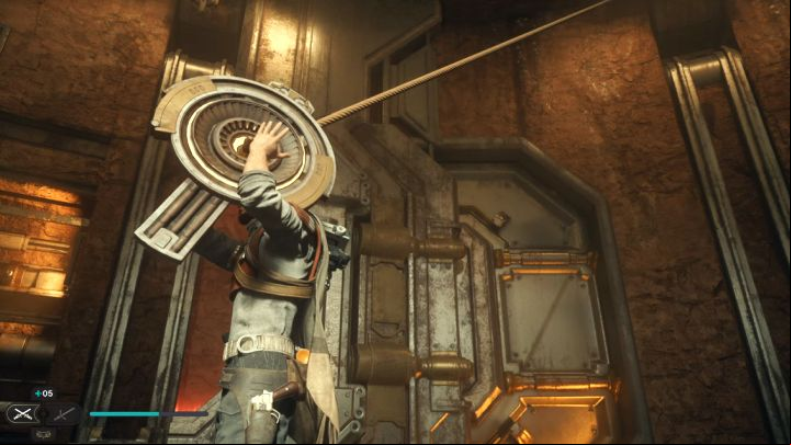 If you pulled the line correctly, the right object will stop in front of the gate (above image) - Jedi Survivor: Opening the Gate at the Buried Refuge - Puzzles - Star Wars Jedi Survivor guide