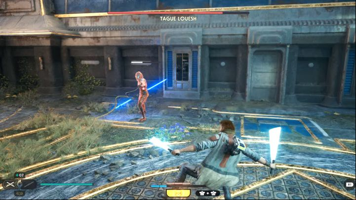 With the red attack, the boss can use a rope to grab Cal and pull the hero towards him - Jedi Survivor: How to defeat Tague Louesh in the Grand Courtyard? - Bosses - Star Wars Jedi Survivor guide