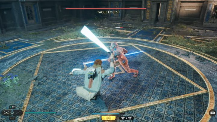 Tague Louesh can also use red melee attacks - these are a kick or a series of lightsaber strikes - Jedi Survivor: How to defeat Tague Louesh in the Grand Courtyard? - Bosses - Star Wars Jedi Survivor guide