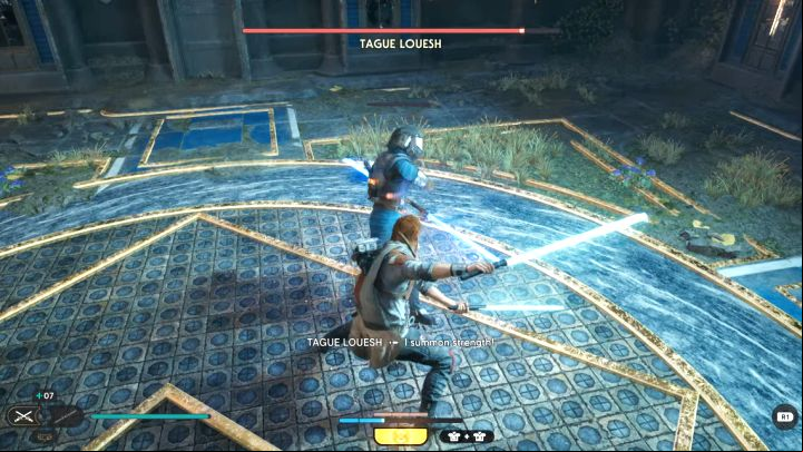 Universal tactics will work well in this duel - deplete the boss's stamina bar primarily through successful parrying - Jedi Survivor: How to defeat Tague Louesh in the Grand Courtyard? - Bosses - Star Wars Jedi Survivor guide