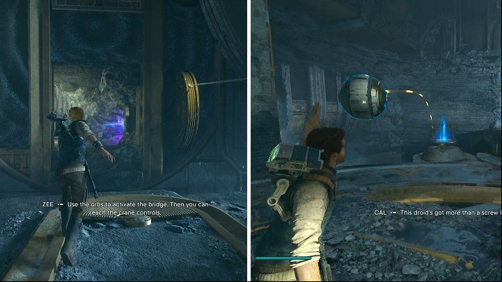 There is another sphere behind the door - Force Pull it, return with it to the main platform, and place it in one of the mechanisms - Star Wars Jedi Survivor: Find Gyro Module - Walkthorugh - Star Wars Jedi Survivor guide
