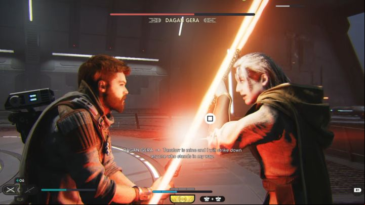 During the duel, you may have a lightsaber clash - press the attack button visible on the screen rapidly - Jedi Survivor: How to defeat the Dagan Gera boss in the Forward Control Tower? - Bosses - Star Wars Jedi Survivor guide