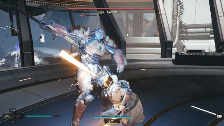 During the first phase of the encounter, Rayvis also utilizes normal attack combinations - Jedi Survivor: How to defeat Rayvis (Republic Research Laboratory)? - Bosses - Star Wars Jedi Survivor guide