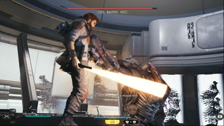 New moves of the boss include grabbing attempts and this is a red attack - Jedi Survivor: How to defeat Rayvis (Republic Research Laboratory)? - Bosses - Star Wars Jedi Survivor guide