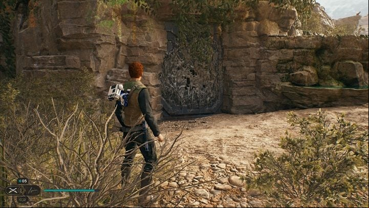 Outside, almost directly straight from the exit, there is another door to destroy - Jedi Survivor: Hunters Quarry - list of secrets - Koboh - Star Wars Jedi Survivor guide