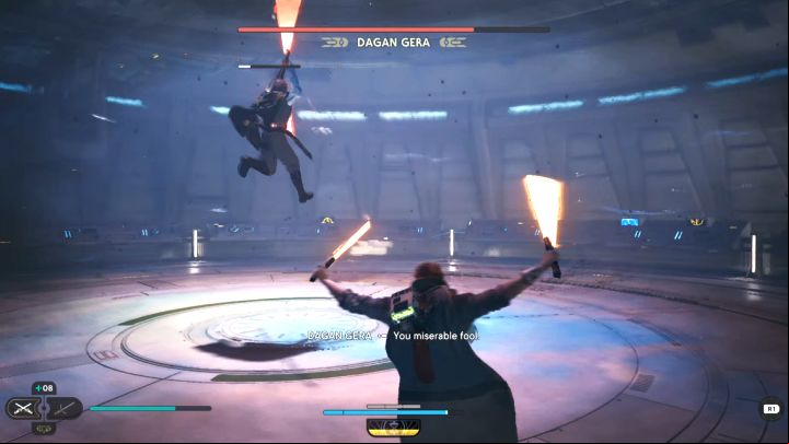 Expect Dagan Gera to use red attacks regularly - Jedi Survivor: How to defeat Dagan Gera (Observation Deck)? - Bosses - Star Wars Jedi Survivor guide