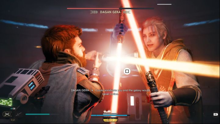 If a lightsaber wrestle takes place, traditionally press the shown button in quick succession - Jedi Survivor: How to defeat Dagan Gera (Observation Deck)? - Bosses - Star Wars Jedi Survivor guide