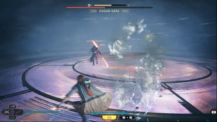When it comes to ranged attacks, we have firing a barrage of round projectiles that home towards Cal - Jedi Survivor: How to defeat Dagan Gera (Observation Deck)? - Bosses - Star Wars Jedi Survivor guide