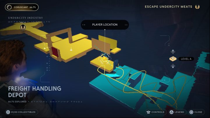 The secret is located in a smaller area behind a room with many stormtroopers - Jedi Survivor: Freight Handling Depot on Coruscant - list of secrets - Coruscant - Star Wars Jedi Survivor guide