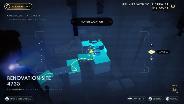 The secret is in a dark location, which you will reach after completing two wall runs - Jedi Survivor: Renovation Site 4733 on Coruscant - list of secrets - Coruscant - Star Wars Jedi Survivor guide