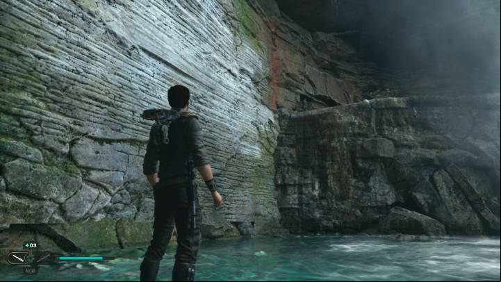 After the fight, go under the waterfall and do a wall run to reach the rock shelf - Star Wars Jedi Survivor: The Forest Array - Walkthorugh - Star Wars Jedi Survivor guide