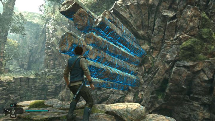 Use Force Push on the obstacle shown in the image above, then order BD-1 to activate the zipline and use it to get to the other side - Star Wars Jedi Survivor: The Forest Array - Walkthorugh - Star Wars Jedi Survivor guide