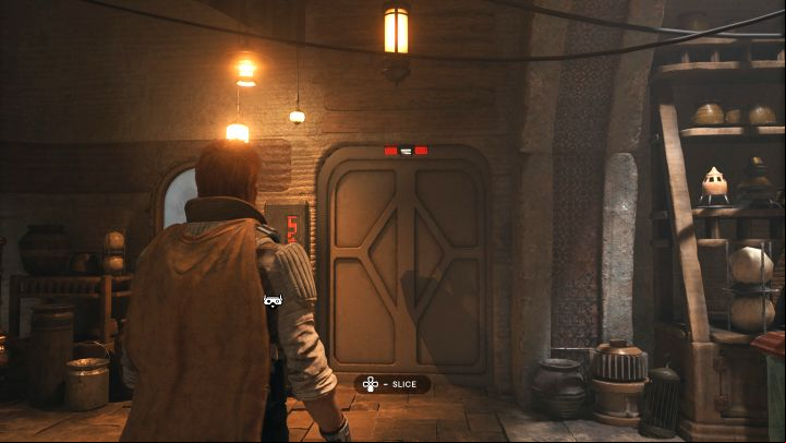 With the Keycode, BD-1 can now open a side door of the store - Star Wars Jedi Survivor: Mysterious Keycode in Domas Outpost Commodities - Unique Collectibles - Star Wars Jedi Survivor guide