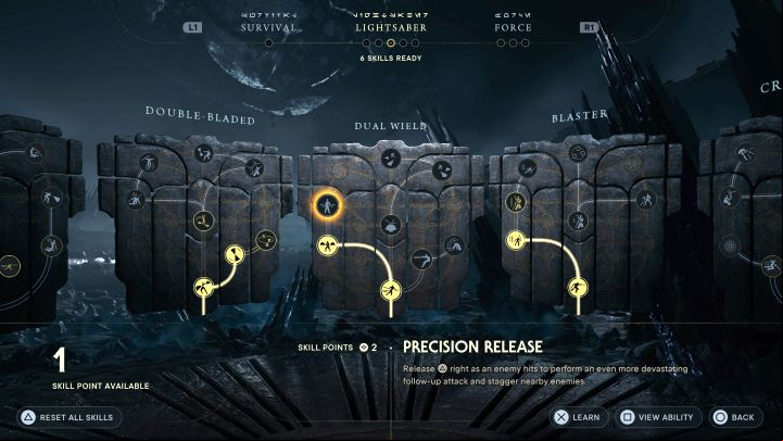 Precision Release from the Dual Wield tree - This is a skill linked to one of the trophies - Star Wars Jedi Survivor: Best skills - Basics - Star Wars Jedi Survivor guide