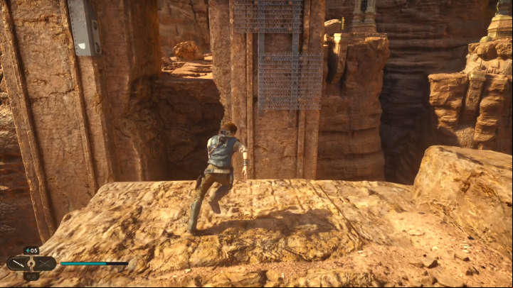 When you reach the spot in the picture above, combine a double jump with a dash to reach the bars - Star Wars Jedi Survivor: Reach Pilgrims Sanctuary - Walkthorugh - Star Wars Jedi Survivor guide