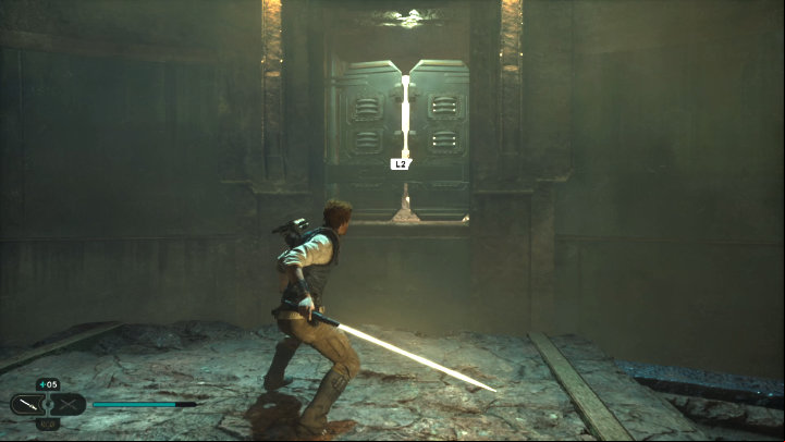 When you slide down the wall to the very bottom of the room, open the door using the Force, jump towards it, and let the wind carry you to trigger a cut-scene - Star Wars Jedi Survivor: Reach Pilgrims Sanctuary - Walkthorugh - Star Wars Jedi Survivor guide