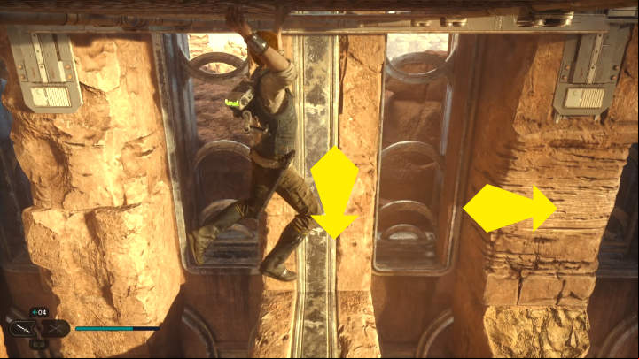 In the place where you fight DT Sentry Droid, climb up the stone pillars to the suspended grate - Star Wars Jedi Survivor: Reach Pilgrims Sanctuary - Walkthorugh - Star Wars Jedi Survivor guide