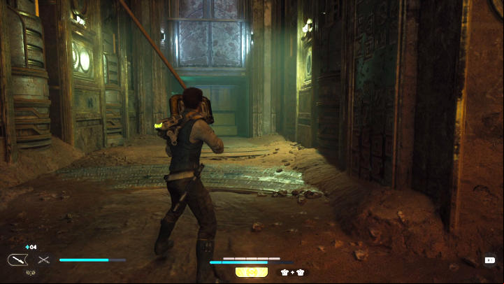 Go to the door, release the rope and, using the Force, pull out the square piece that will block the falling door - Star Wars Jedi Survivor: Reach Pilgrims Sanctuary - Walkthorugh - Star Wars Jedi Survivor guide