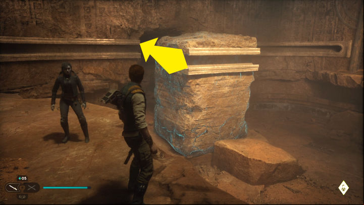When you reach a cave with a locked door, use the Force to push the stone piece with the rail into place, then push the two orbs toward the door to open it - Star Wars Jedi Survivor: Reach Pilgrims Sanctuary - Walkthorugh - Star Wars Jedi Survivor guide