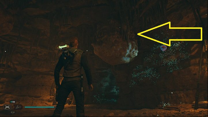 After picking up the previous collectible, look up and you'll see a rock block that you can drop using the Slam skill - Jedi Survivor: PhonQi Caverns - list of secrets (part 1) - Koboh - Star Wars Jedi Survivor guide