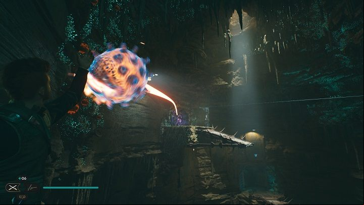 Turn towards the walls you just used and grab one of the bombs growing on it - Jedi Survivor: PhonQi Caverns - list of secrets (part 1) - Koboh - Star Wars Jedi Survivor guide