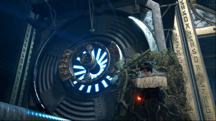 Wait until the block extends sufficiently, use the Force Push on it and grab onto it (image) - Jedi Survivor: Chamber of Clarity on Koboh - Puzzles - Star Wars Jedi Survivor guide
